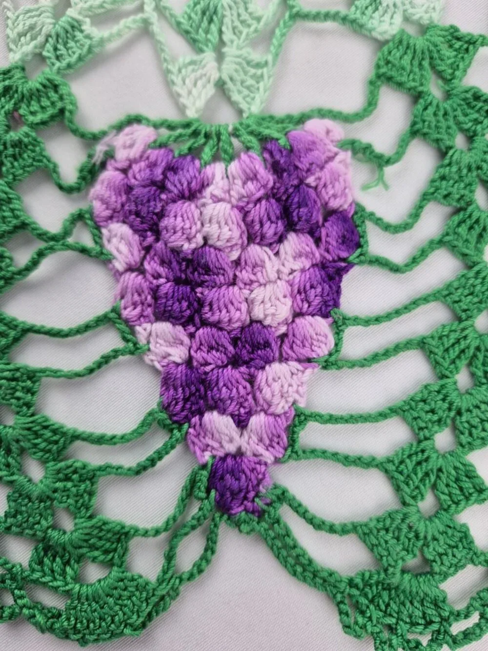 Vintage Large Crocheted Round Doily Green Leaf Raised 3D Purple Grape Clusters